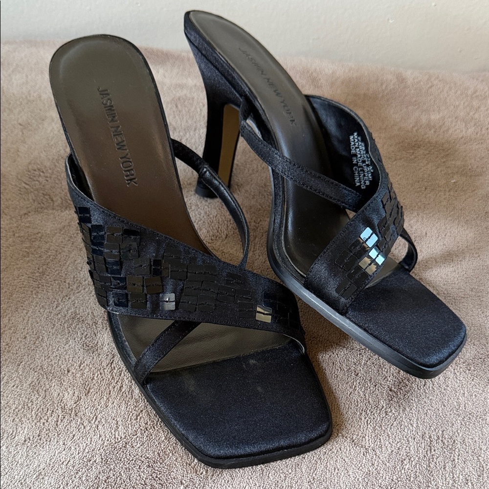Jasmine New York Black Beaded Mid-Heel Slide Sandals dressy wedding gala party